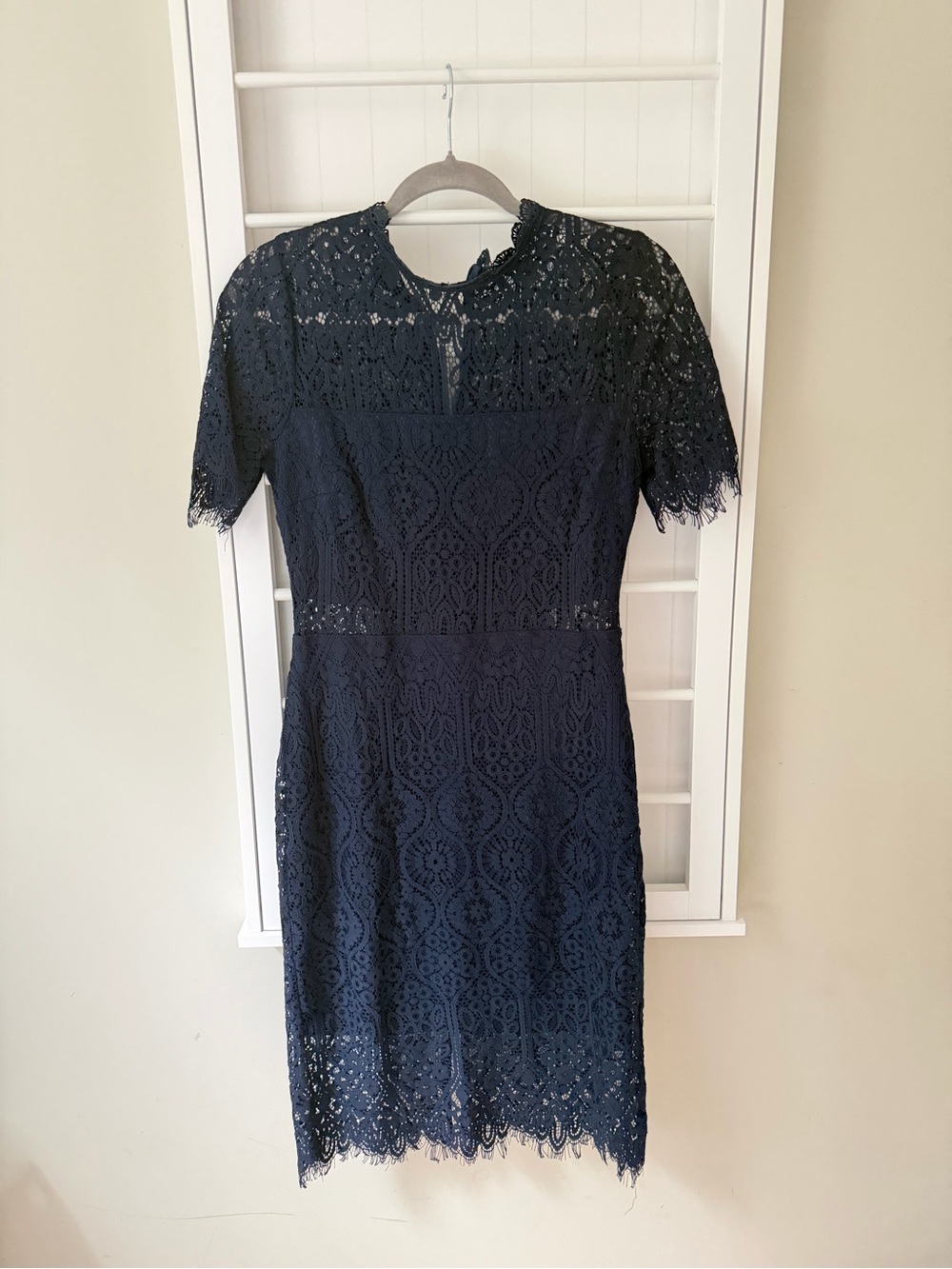 Lulus Navy Blue Lace Midi Dress Medium Sheer Short Sleeve Cocktail Wedding Guest